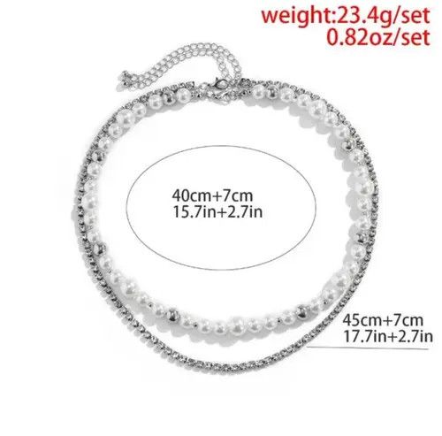 Jewelry Unisex layered pearl chain shiny rhinestone tennis necklace Size ONE SIZE - 3 Thumbnail