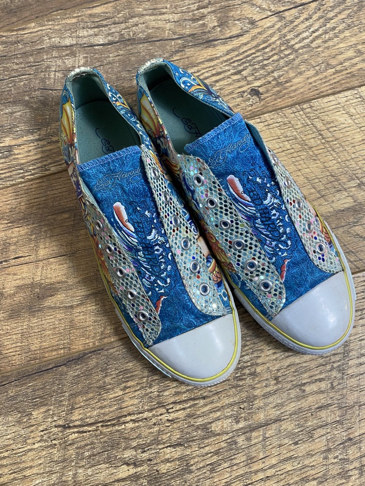 Ed Hardy Ed Hardy Y2K Mermaid Tattoo Print Low Top Sneakers Blue Size US 9 / IT 39 - 2 Thumbnail
