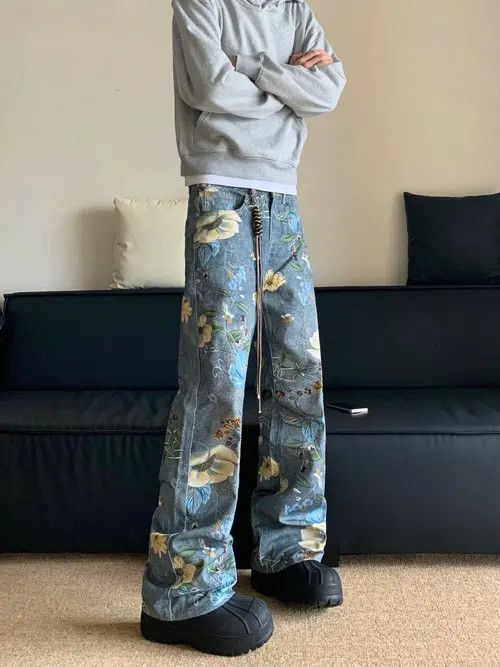 Japanese Brand Nozomi x Nanae Full Print Floral Loose Wide Leg Jeans Size US 33 - 1 Thumbnail