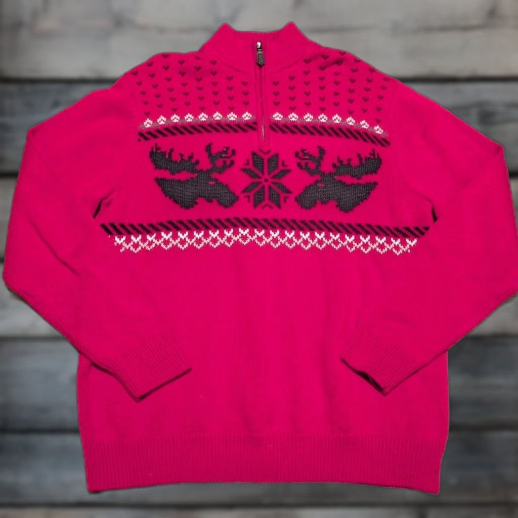 Chaps Chaps Sweater Mens L Red Moose Snowflake Fair Isle Christmas 100% Cotton Knit Pullover 1/4 Zip Mock Neck Size US L / EU 52-54 / 3 - 1 Thumbnail