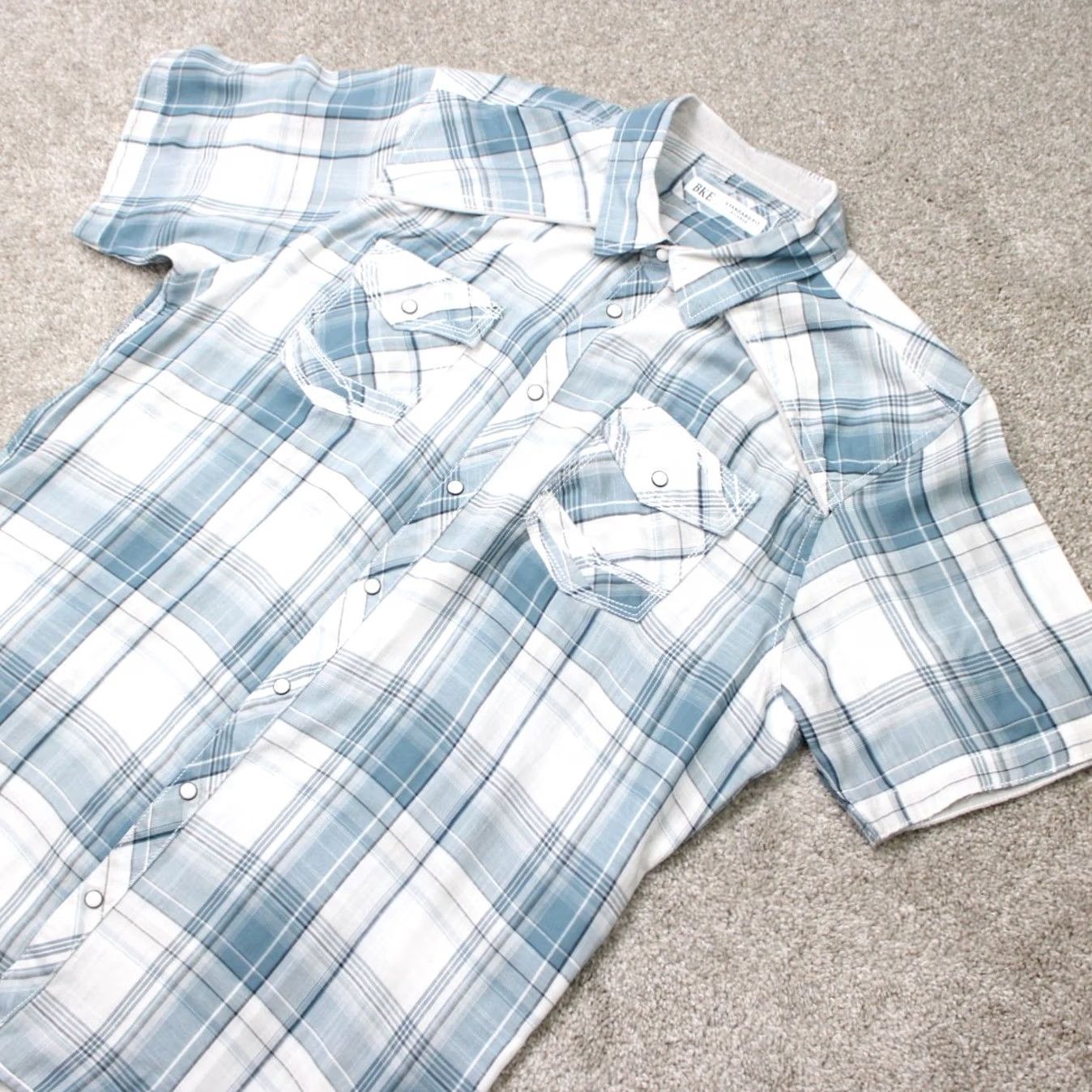 BKE BKE Shirt Mens 2XL XXL Blue/White Plaid Pearl Snap Short Sleeve Standard Fit Size US XXL / EU 58 / 5 - 3 Thumbnail