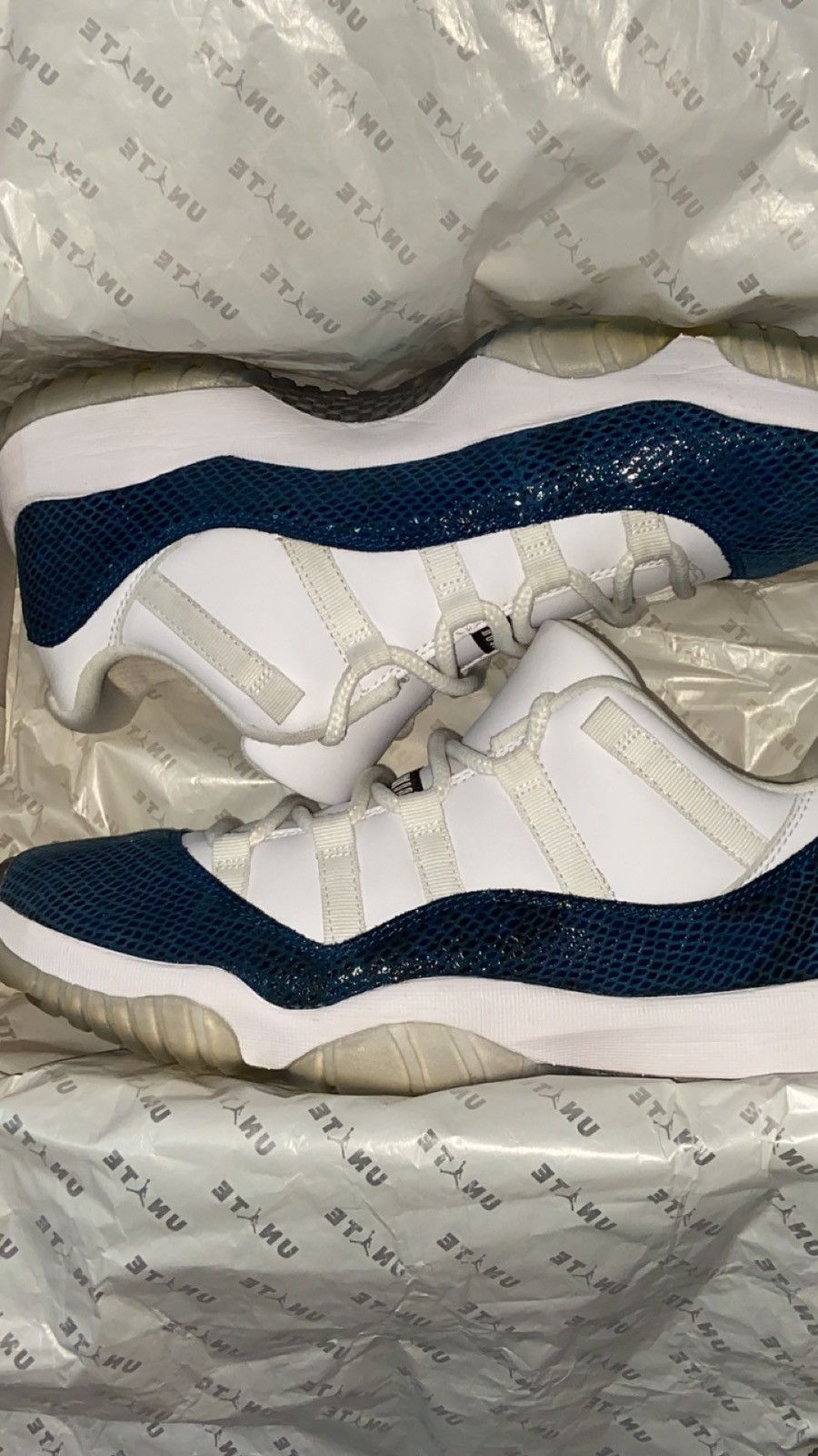 image of Jordan Brand 11 Navy Snake Shoes in White, Men's (Size 10)