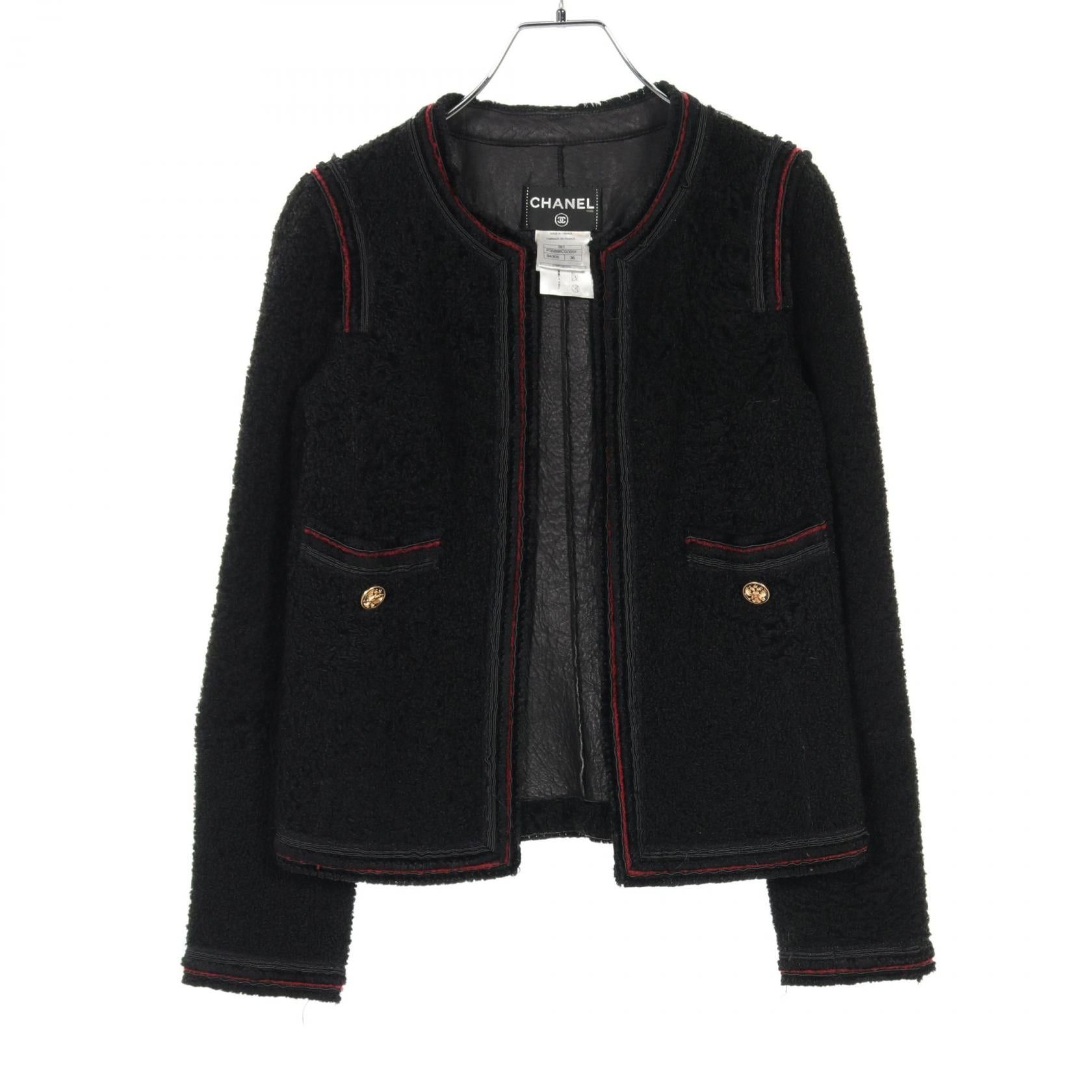 Chanel Shearling No-Collar Jacket Lambswool Leather Black