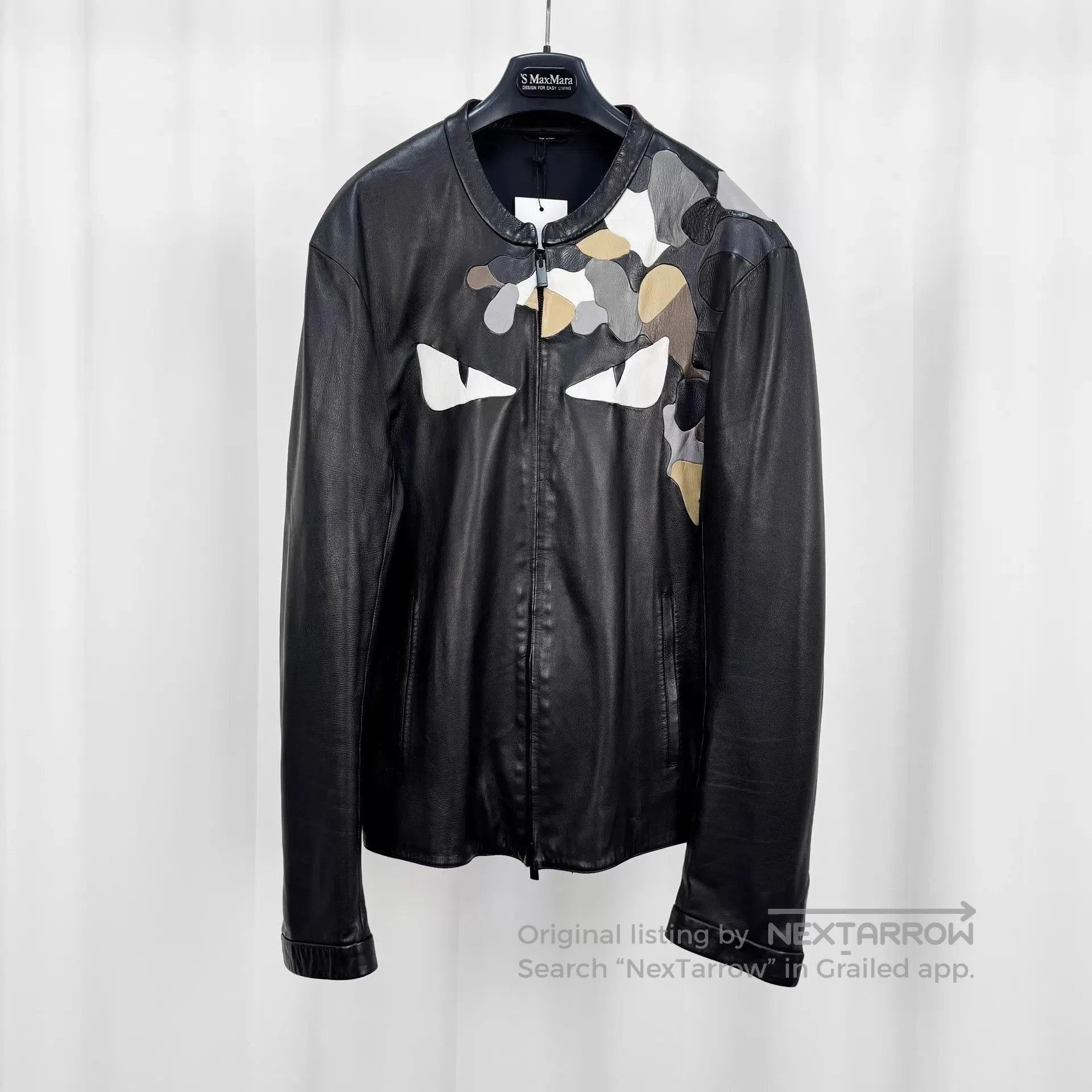 Fendi Black Leather Jacket with Camo and Eye Design. Size US L / EU 52-54 / 3 - 1 Thumbnail