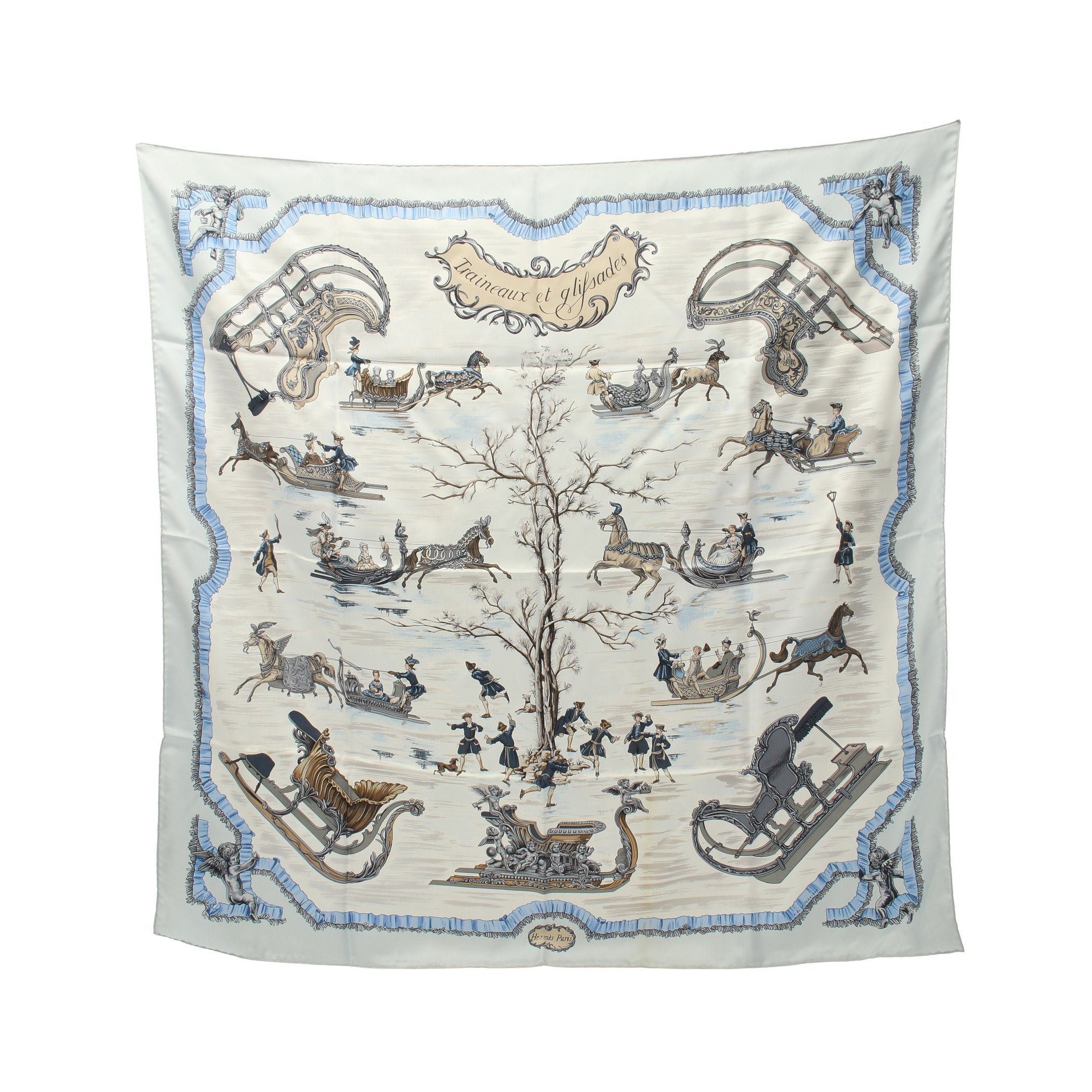 image of Hermes Carres 90 Traineaux Et Glifsades Scarf Silk Ivory Light Gray Multicolor, Women's