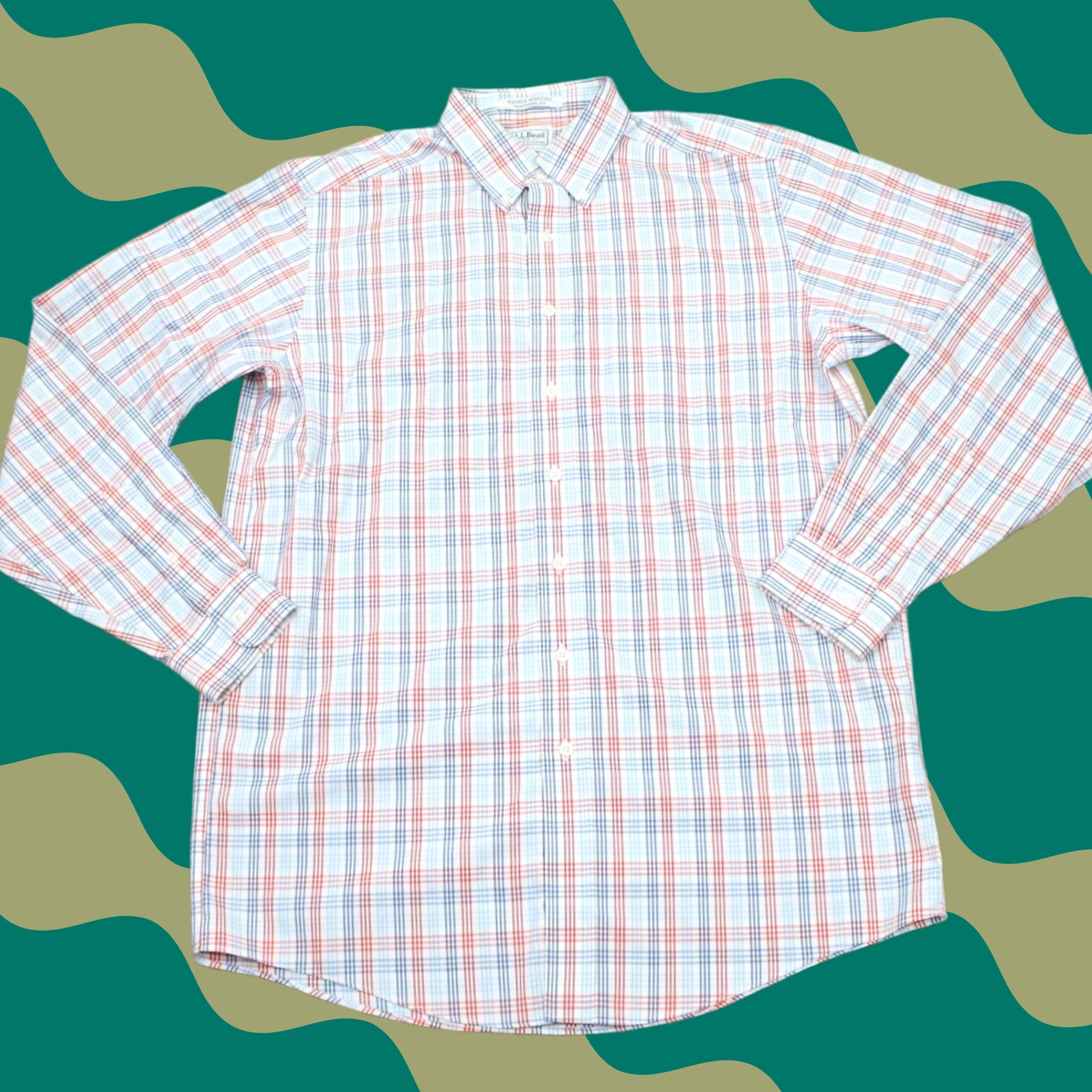 Vintage LL Bean Shirt Mens 15 1/2 36 Wrinkle Resistant Classic Fit L/S Plaid White Red Blue Dress Shirt Size US L / EU 52-54 / 3 - 1 Thumbnail