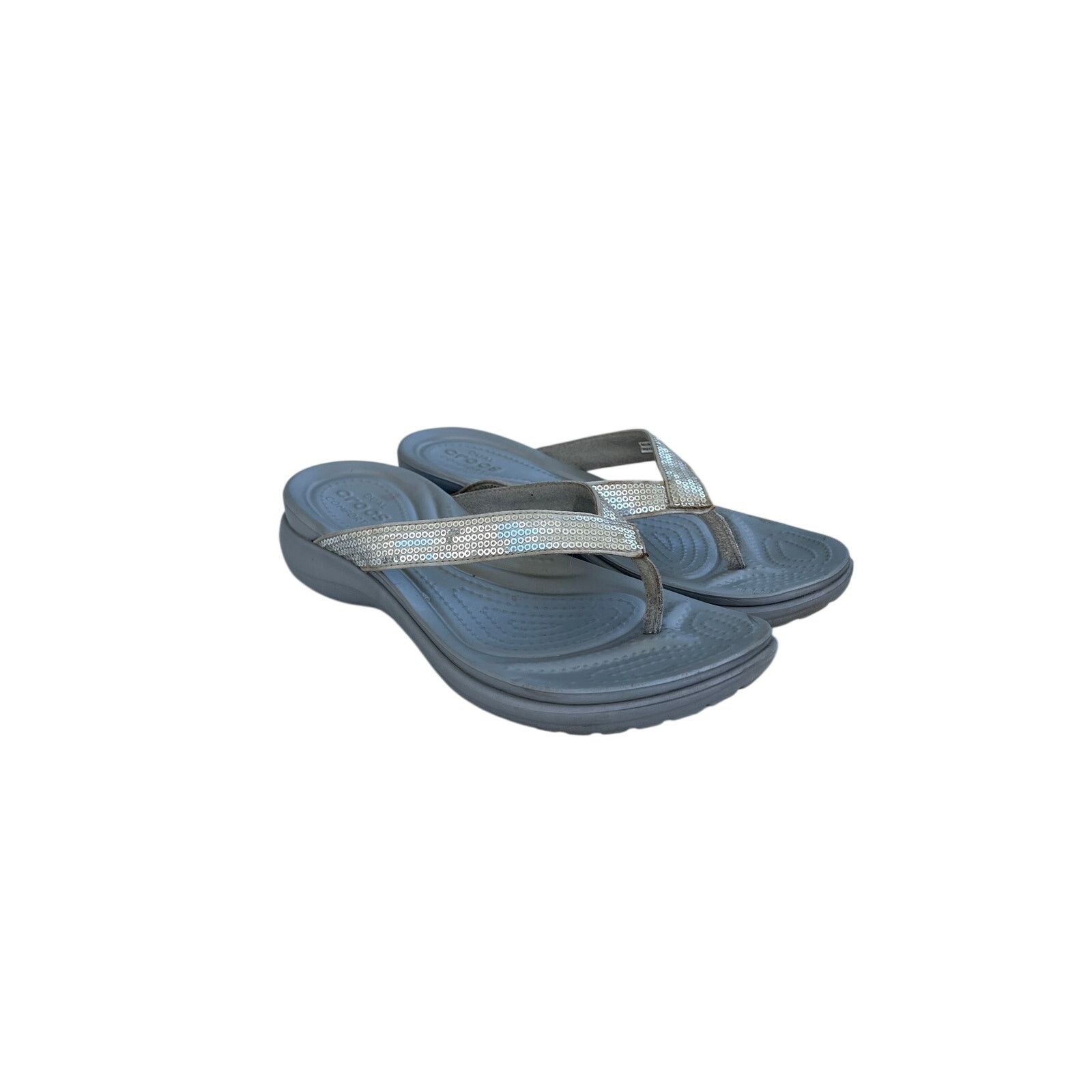 Crocs Womens Crocs Capri V Sequin Flip Flops Sandals Size 9 Silver Size US 9 / IT 39 - 3 Thumbnail