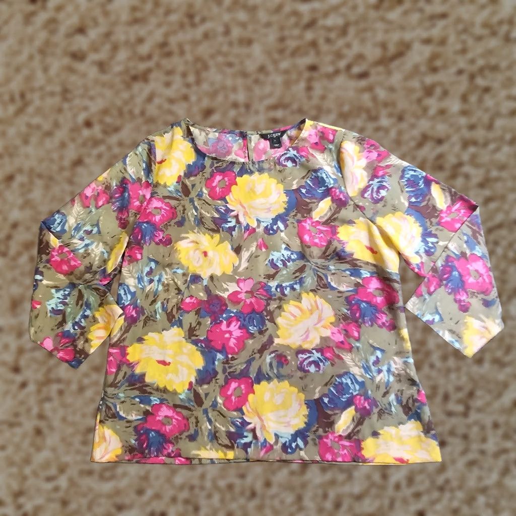 J.Crew J.CREW Blouse Shirt Women L Green Yellow Floral 3/4 Sleeve Round Neck Career Size L / US 10 / IT 46 - 1 Thumbnail