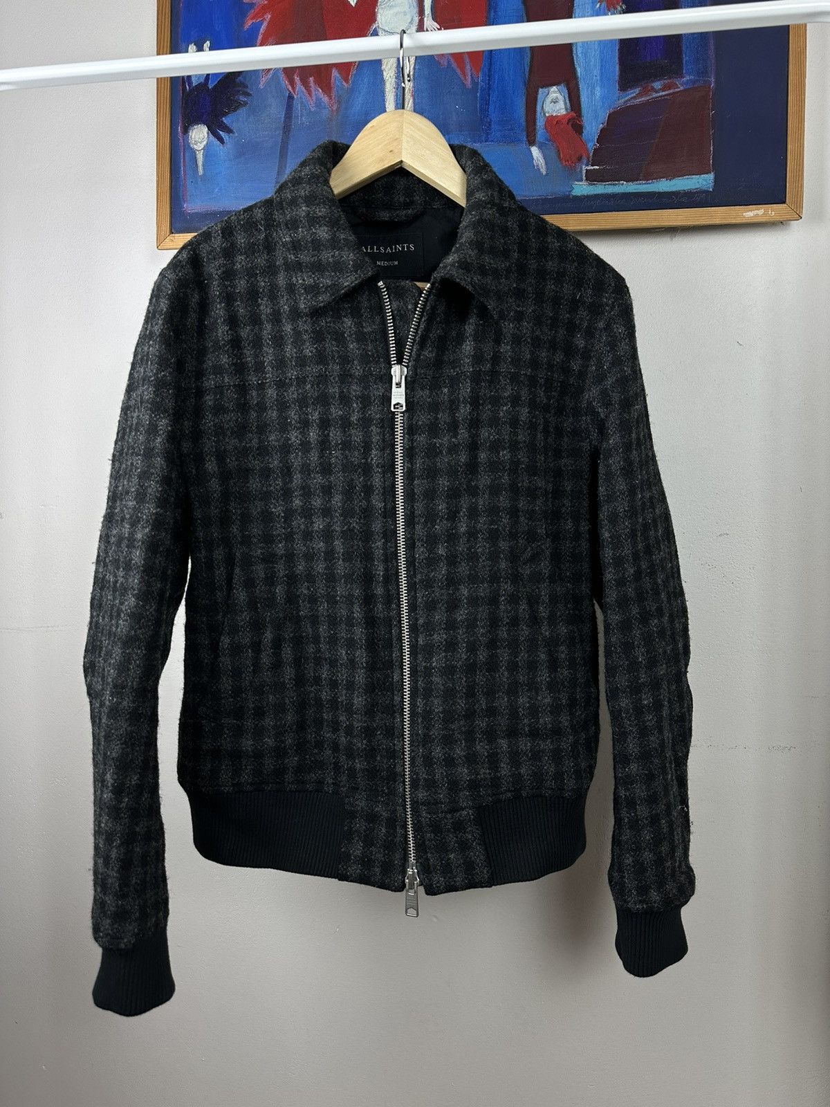 AllSaints checkerboard black and grey bomber woolen jacket