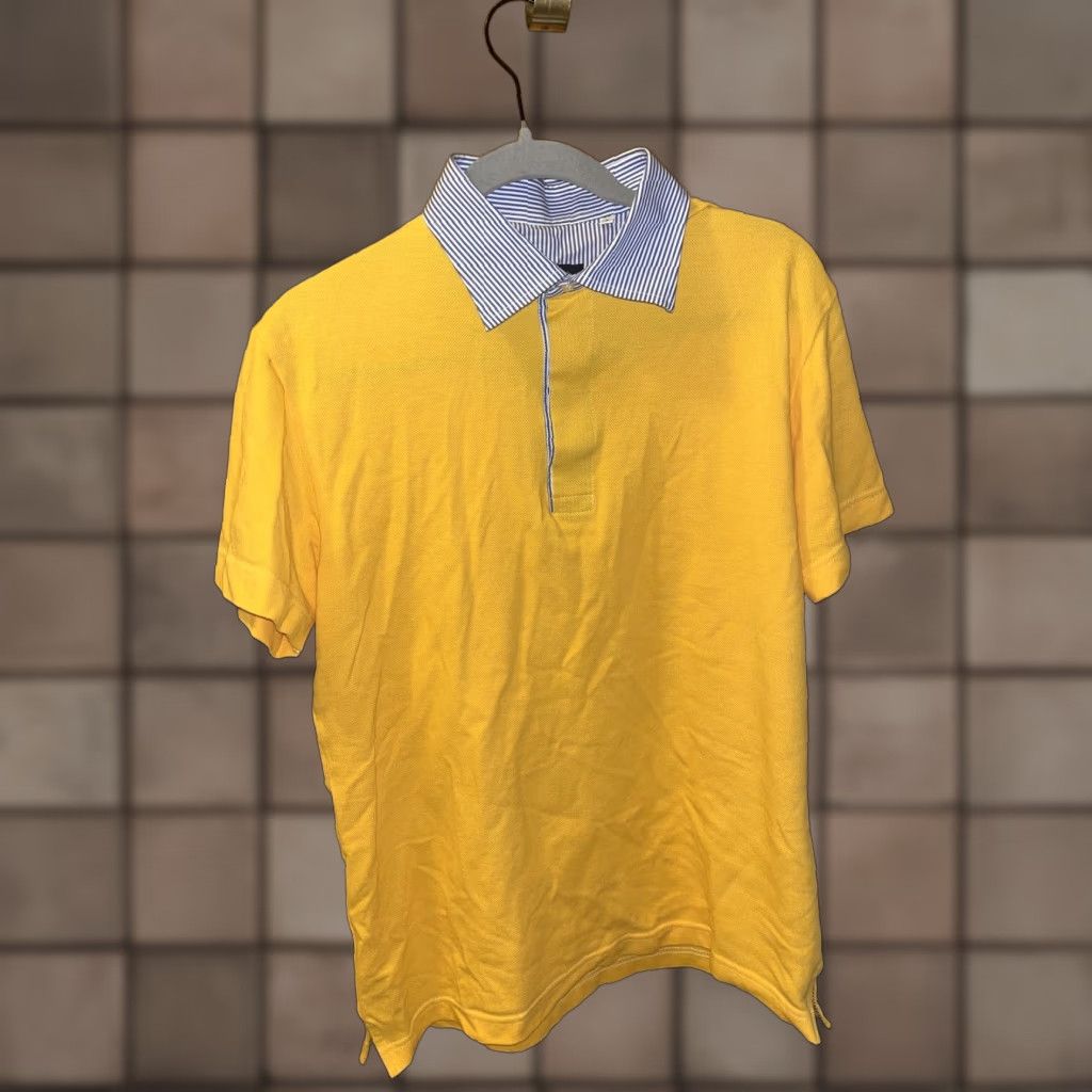 Vintage Mens Large ALEX DORIANI Yellow Polo Blue Stripe Collar 100% Cotton Size US L / EU 52-54 / 3 - 1 Thumbnail
