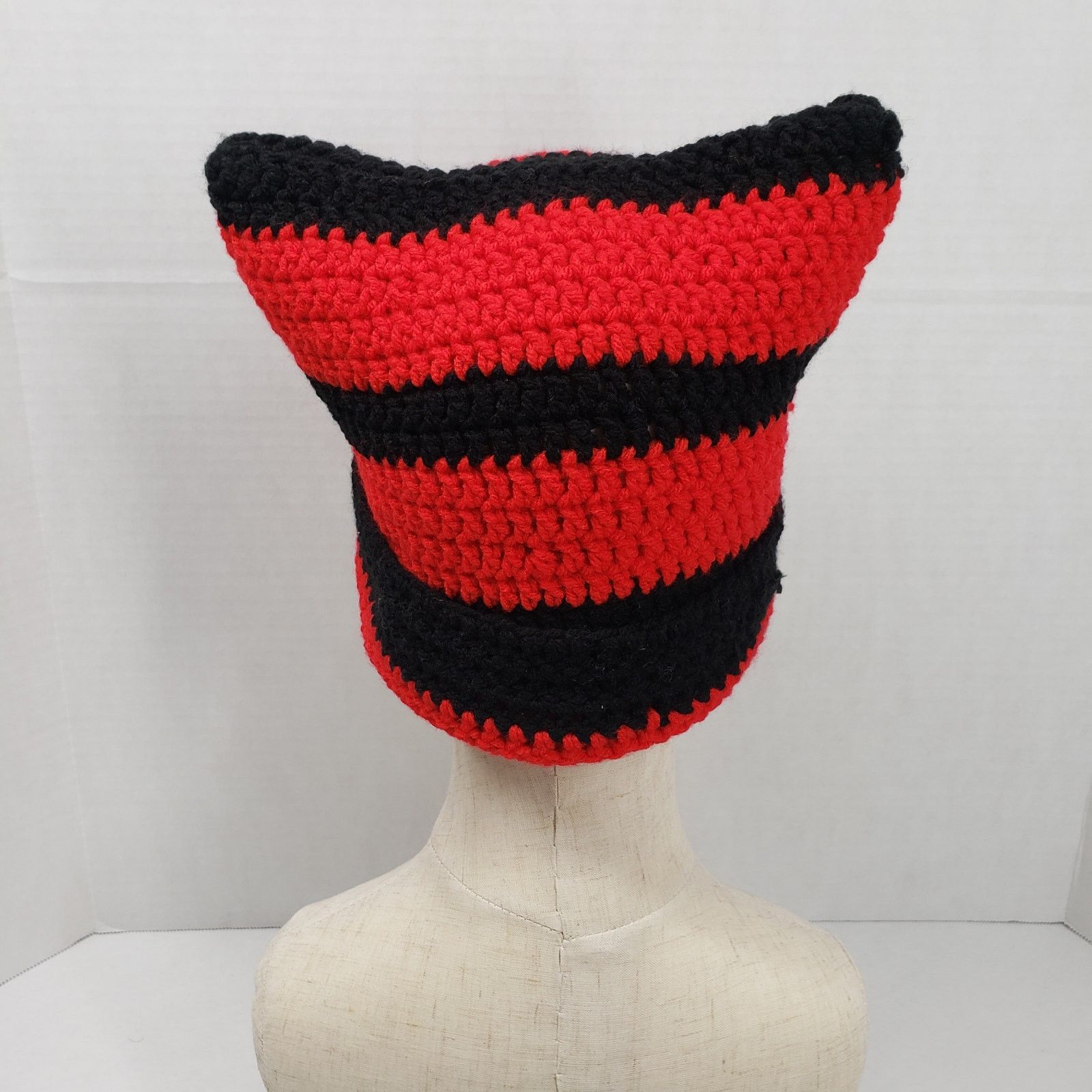 Handcrafted Crochet Striped Cat Beanie Hat Adult Red Black