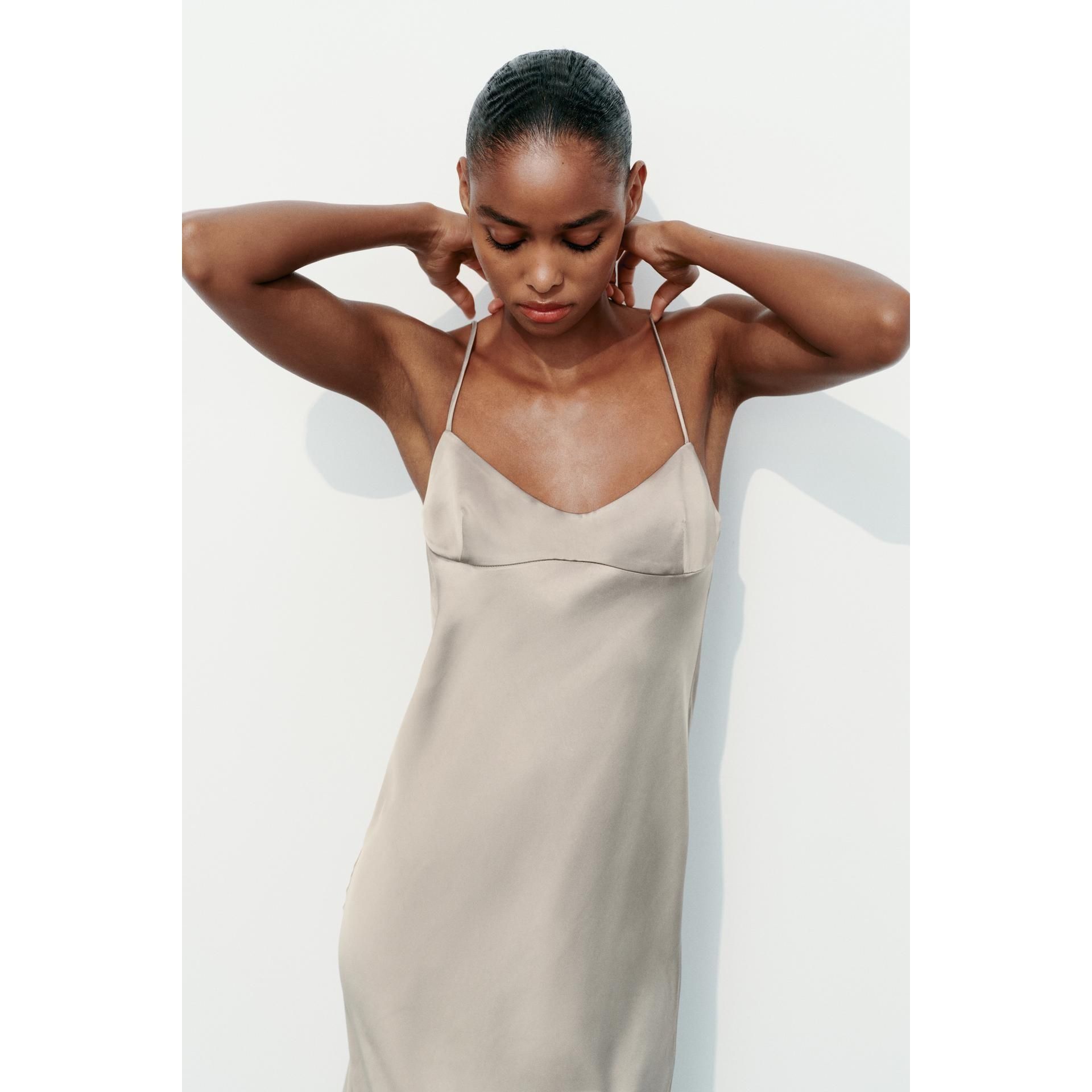knee length dresses for ladies Zara Black Silk Satin Spaghetti Strap Cami Camisole Midi Tank Slip Dre –  Brie