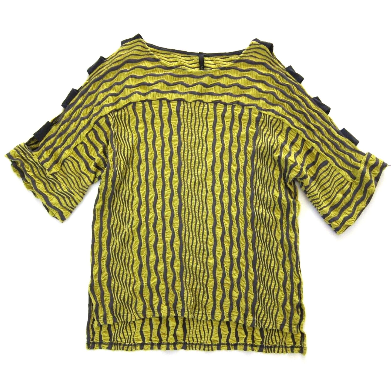 Vintage I.C. Connie K Yellow Grey Stripe Ribbed Open Shoulder Short Sleeve Blouse Small Size S / US 4 / IT 40 - 2 Thumbnail