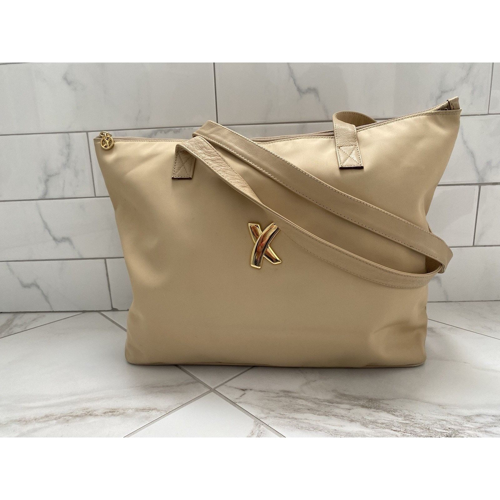 Vintage By Paloma Picasso nylon Leather Zip Tote Beige