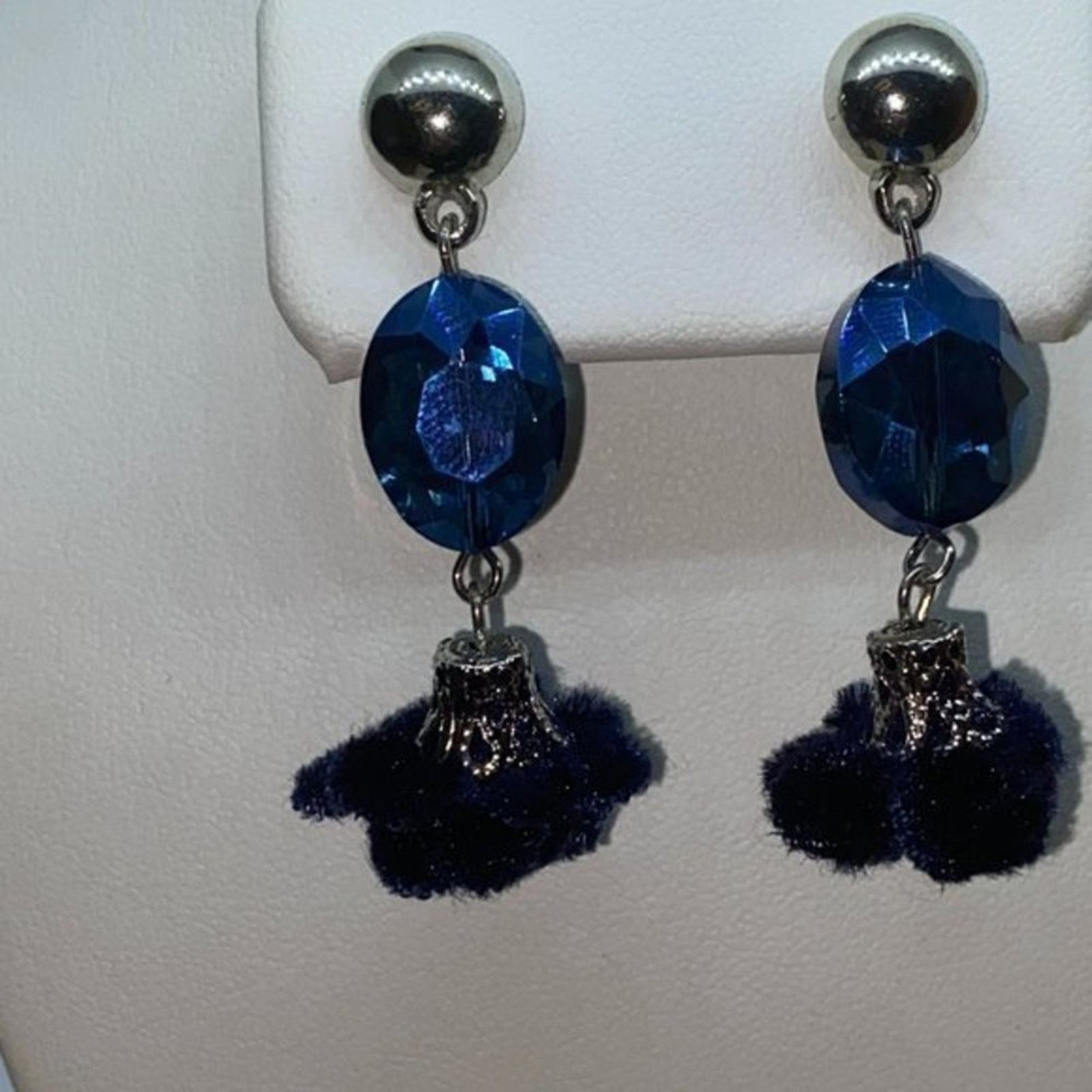 Handmade Silver-Tone Blue Beaded & Pom-Pom Dangle Earrings Size ONE SIZE - 2 Thumbnail