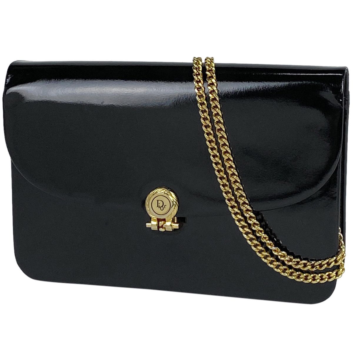 image of Christian Dior Logo Chain Shoulder Bag Enamel 2Way Clutch Bag Patent Leather Black, Women's