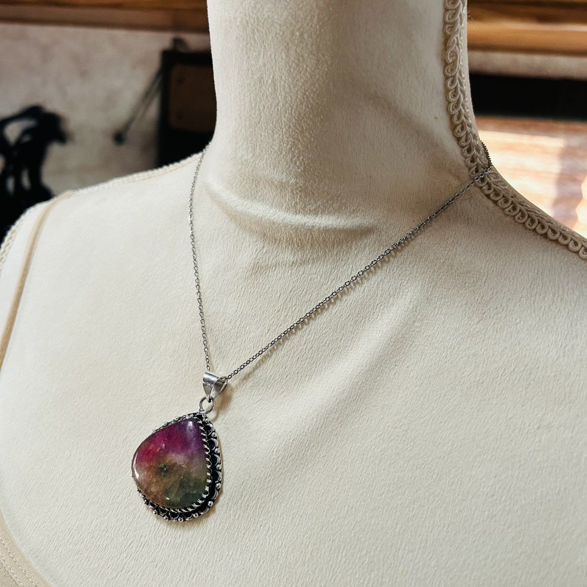 Handmade Handcrafted watermelon tourmaline dogtooth 925 necklace Size ONE SIZE - 4 Thumbnail