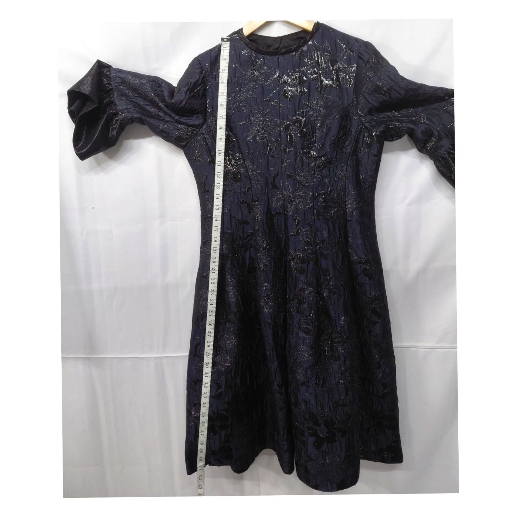 Vintage Rickie Freeman for Teri Jon Dress | Women A-Line Knit Jacquard Knee Length Bell Sleeve Navy Blue Metallic Size L / US 10 / IT 46 - 7 Thumbnail