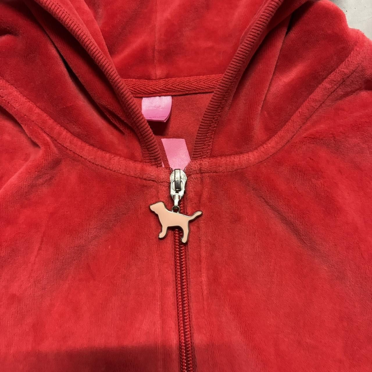 Pink Crazy Vintage Y2K/2000s Blank Victorias Secret Red Velour Zipup Hoodie with Pink dog zipper! Size US S / EU 44-46 / 1 - 2 Thumbnail