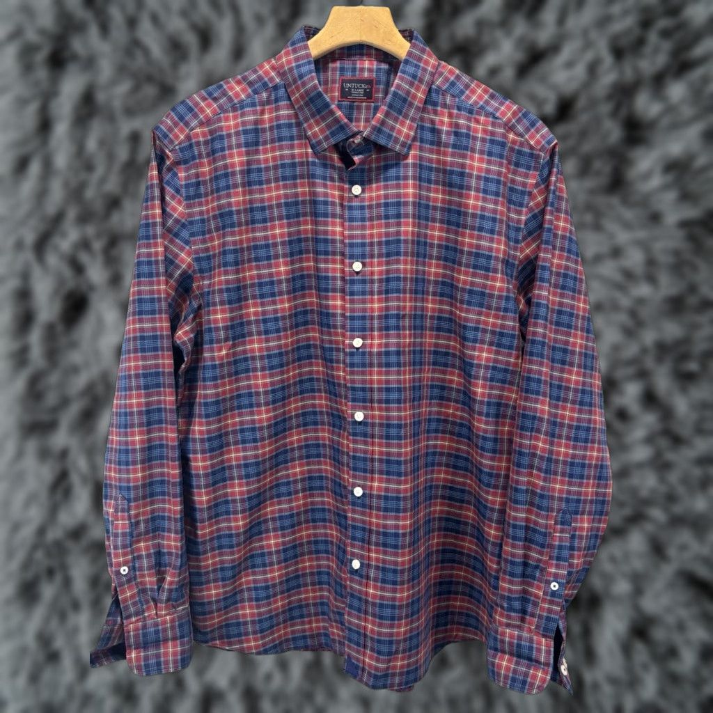 UNTUCKit VINTAGE UNTUCKit Button-Up Shirt XL Mens Red Navy Plaid Long Sleeve Cotton Size US XL / EU 56 / 4 - 1 Thumbnail