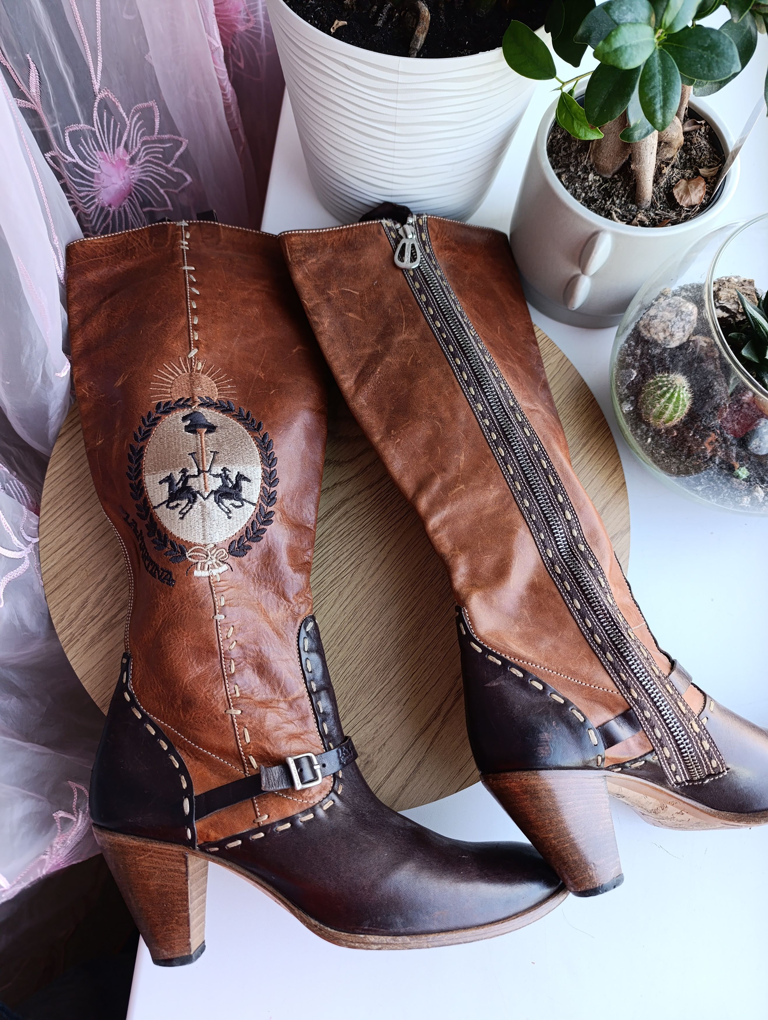 La Martina LA MARTINA BROWN LEATHER KNER HIGHT HEELED ZIP BOOTS Size US 8 / IT 38 - 2 Thumbnail