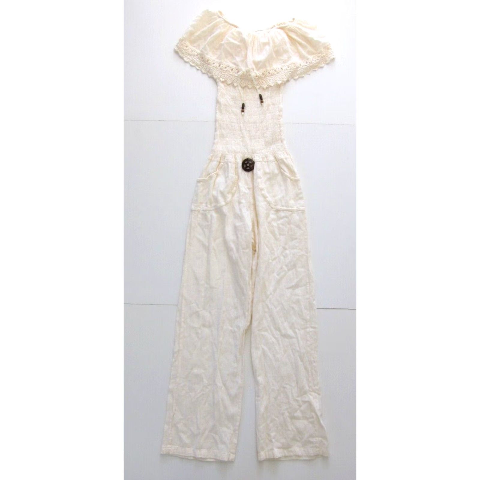 Vintage Matices Textil Peru 100% Cotton Ivory Off Shoulder Pocket Jumpsuit M Women Medium Size 32" / US 10 / IT 46 - 2 Thumbnail