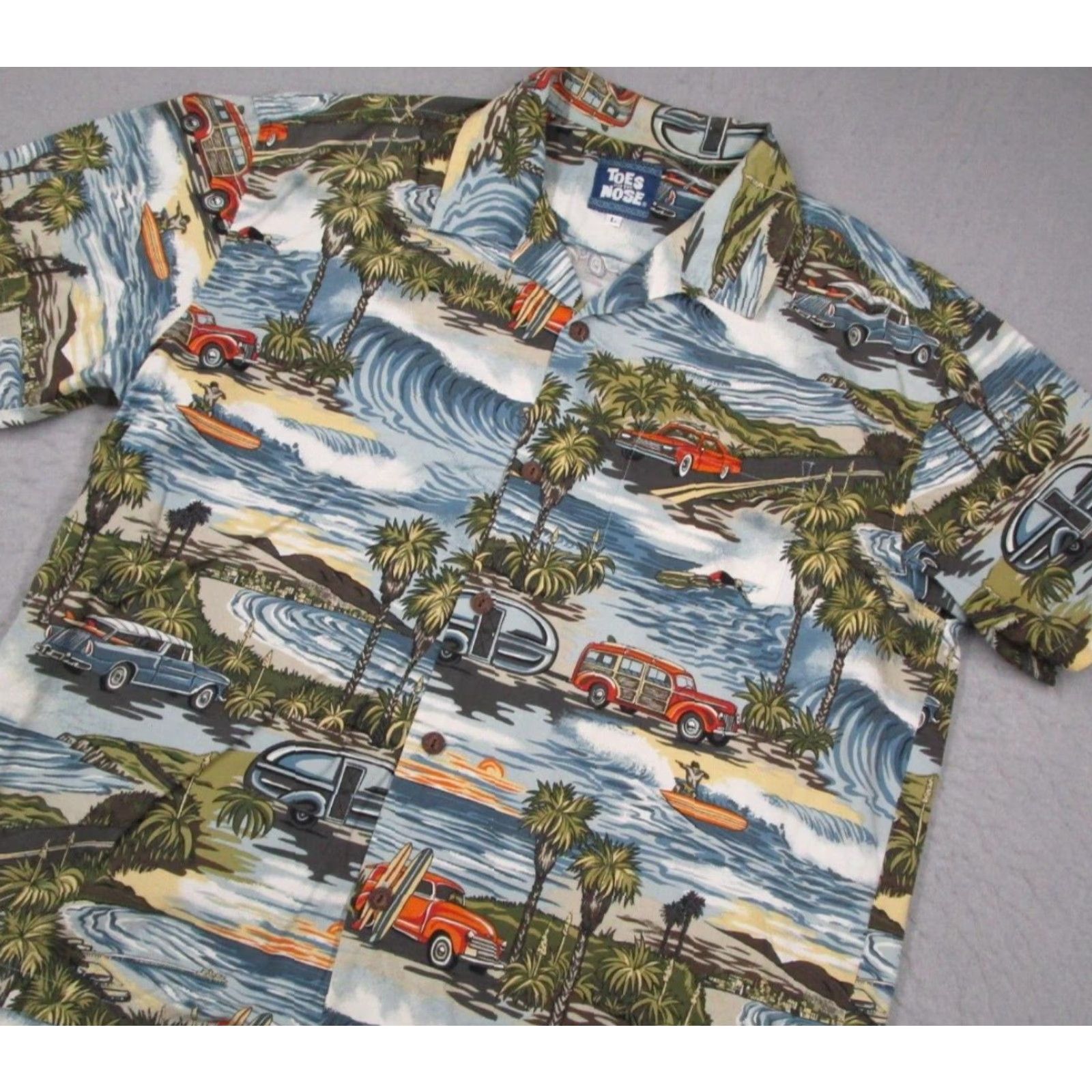 Vintage VINTAGE Toes on The Nose Shirt Button Up AOP Cars Hawaiian Tiki Large Blue Mens Size US L / EU 52-54 / 3 - 2 Thumbnail