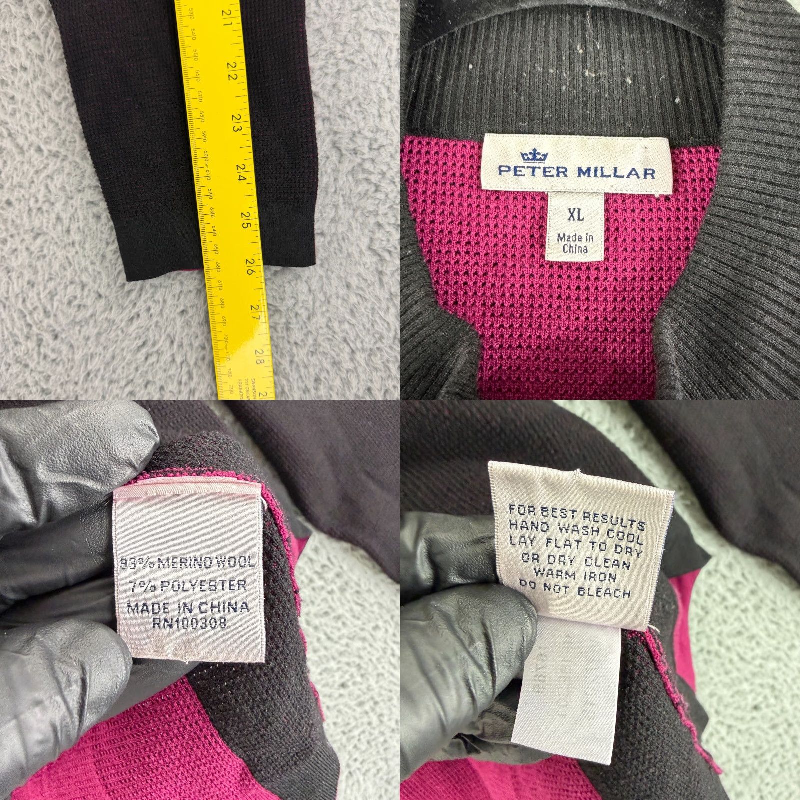 Peter Millar Peter Millar Mens XL Quarter Zip Sweater Black Cranberry Merino Wool LS Size US XL / EU 56 / 4 - 8 Thumbnail