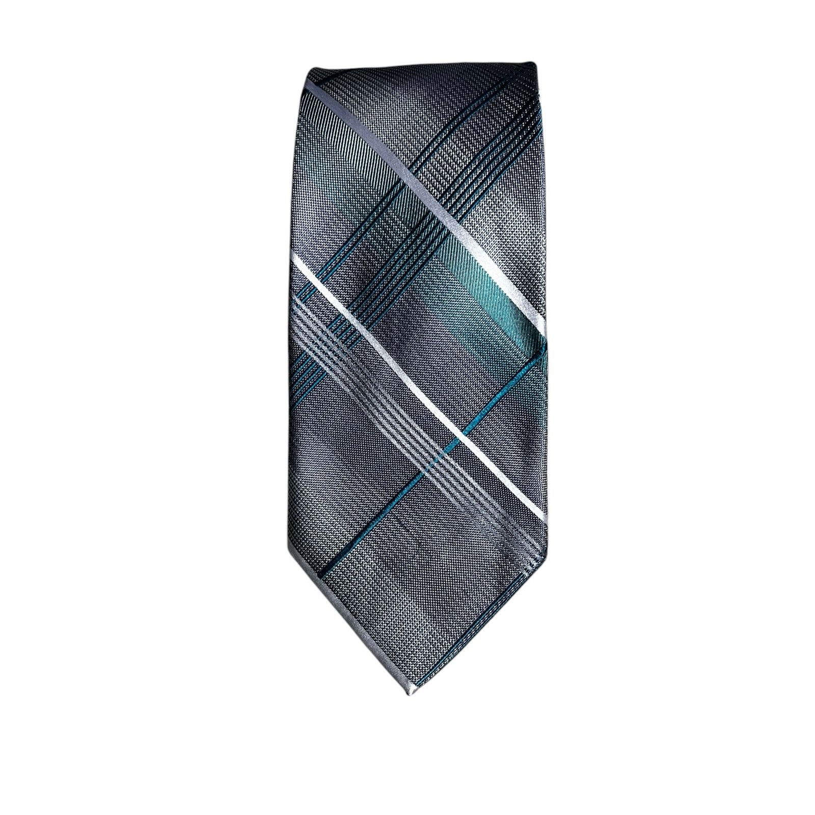 Van Heusen Van Heusen Gray Green Plaid Pattern 100% Silk Men’s Tie. Size ONE SIZE - 1 Thumbnail