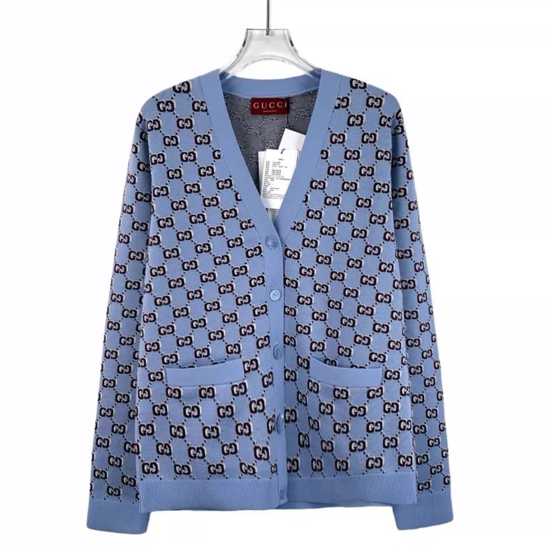 Gucci Gucci Light blue logo jacquart full printed wool V-neck sin Size US S / EU 44-46 / 1 - 1 Thumbnail