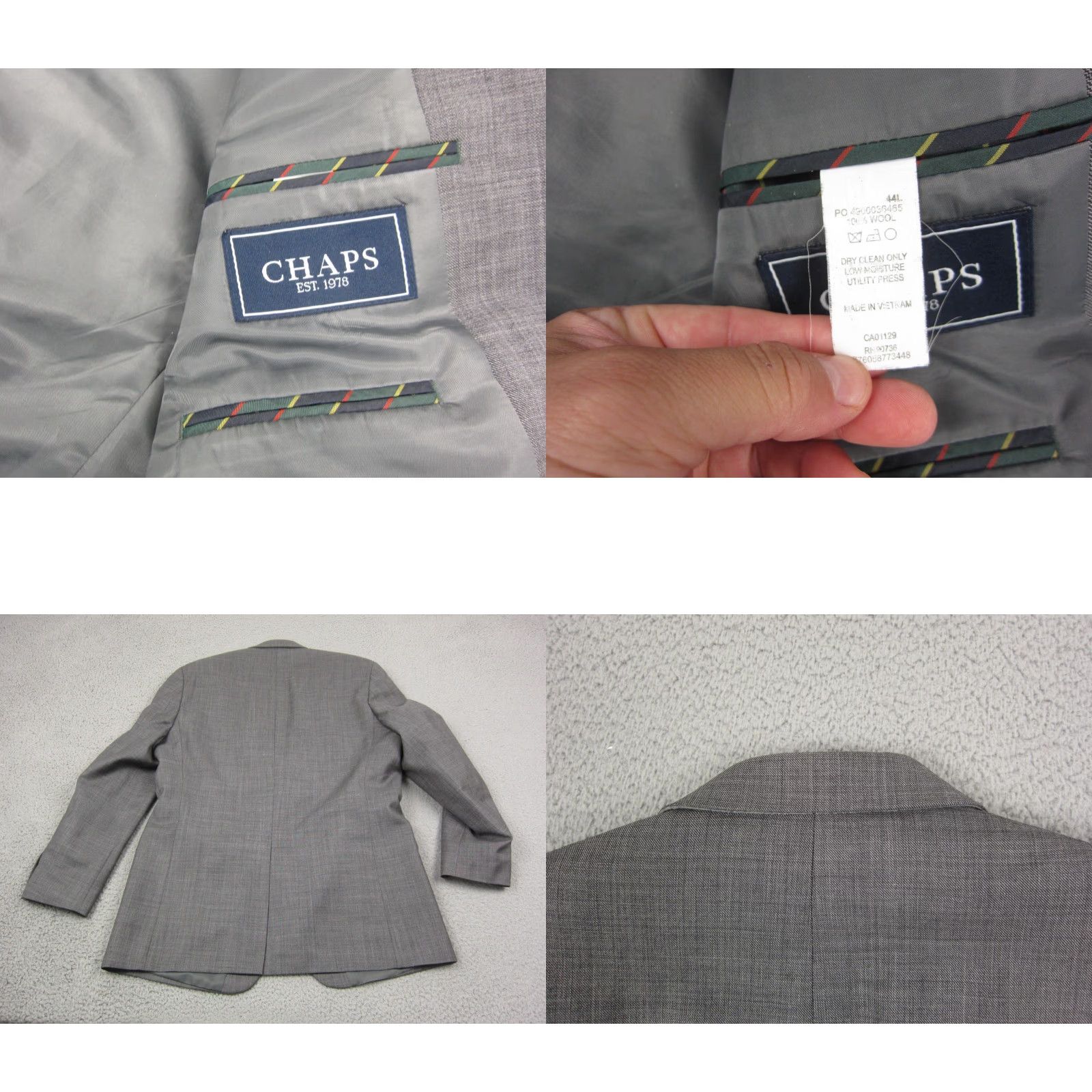 Chaps Chaps Blazer Men 44L Gray Wool Notch 2-Button Single-Breasted Suit Jacket Tuxedo Style Vintage 80s Jacket Coat Short Length - Dry Clean Only Size 44R - 9 Thumbnail