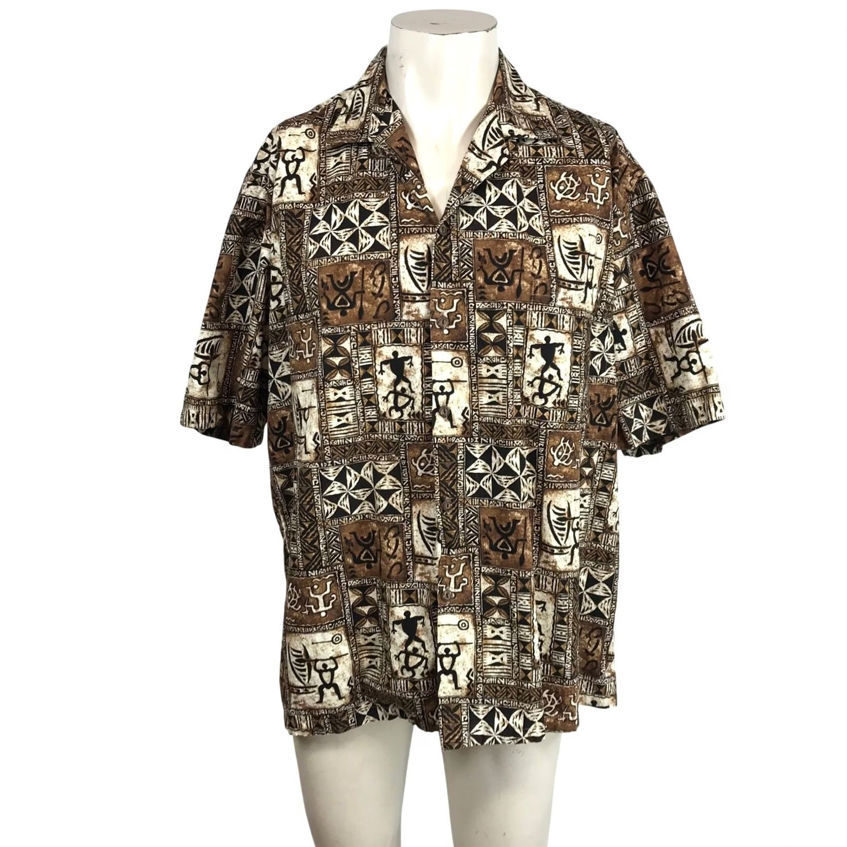 Vintage VINTAGE Blue Turtle Shirt Hawaiian Button-Up Short Sleeve Collared Brown Tribal Petroglyph Geometric XL Mens Size US XL / EU 56 / 4 - 2 Thumbnail