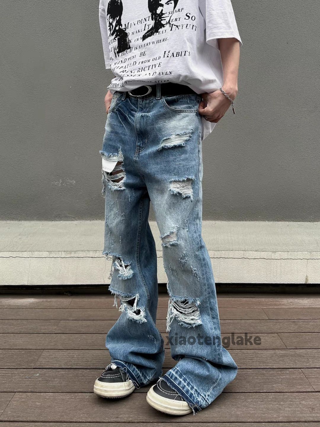 Jean Unisex dance faded punk grunge ripped damaged jeans Size US 34 / EU 50 - 5 Thumbnail