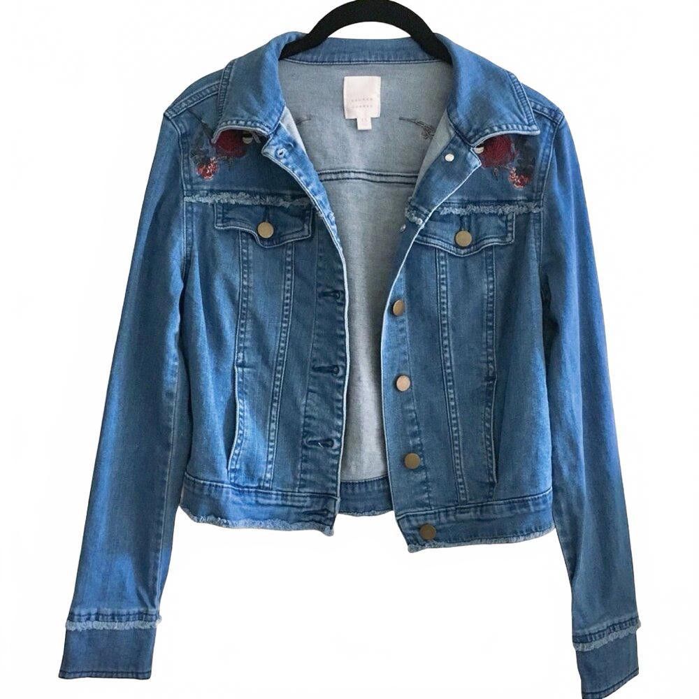 Designer Stylish Blue Denim Jacket with Floral Embroidery Size XS / US 0-2 / IT 36-38 - 2 Thumbnail