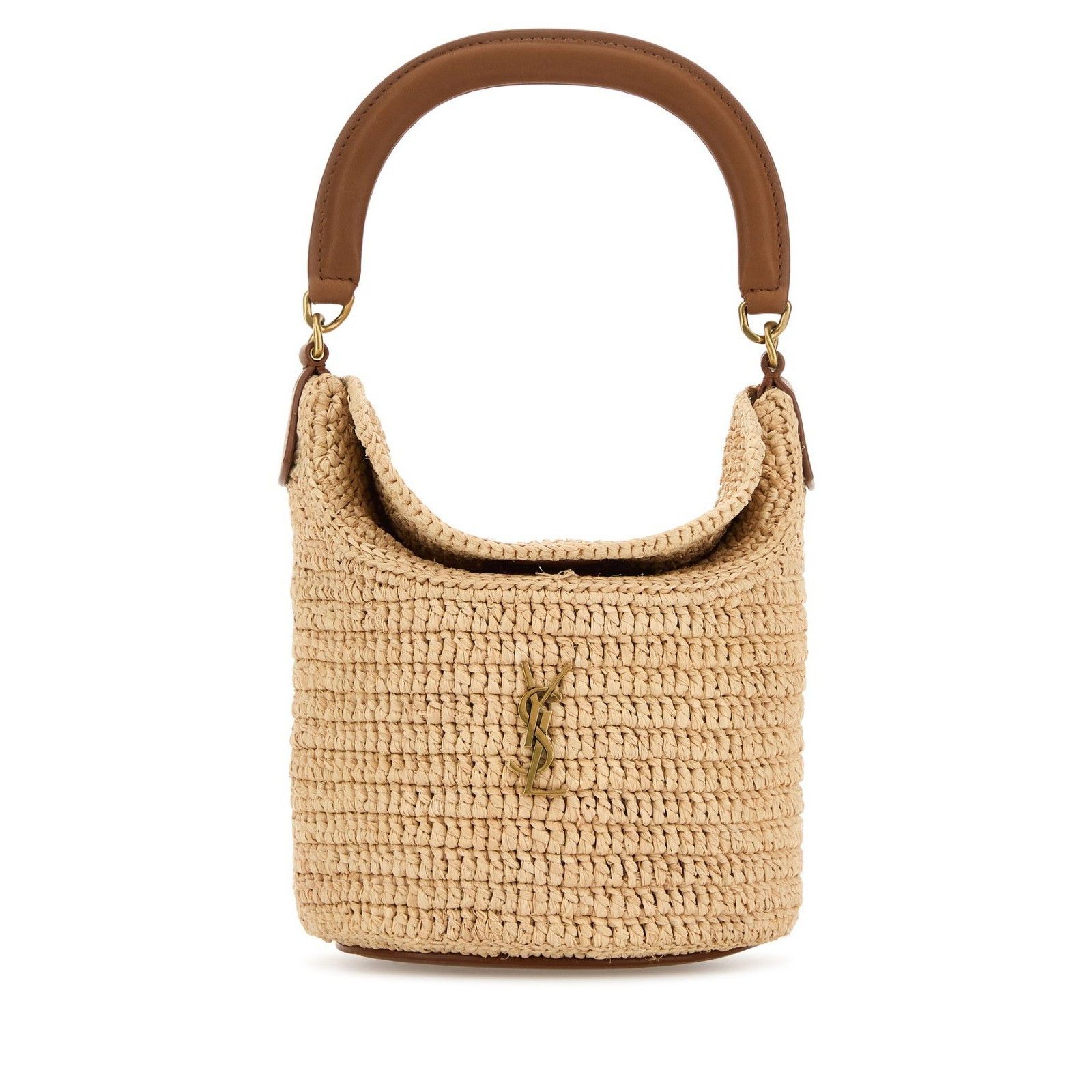 SAINT LAURENT Gaby Naturel/Brick Brown Raffia Bucket Bag New