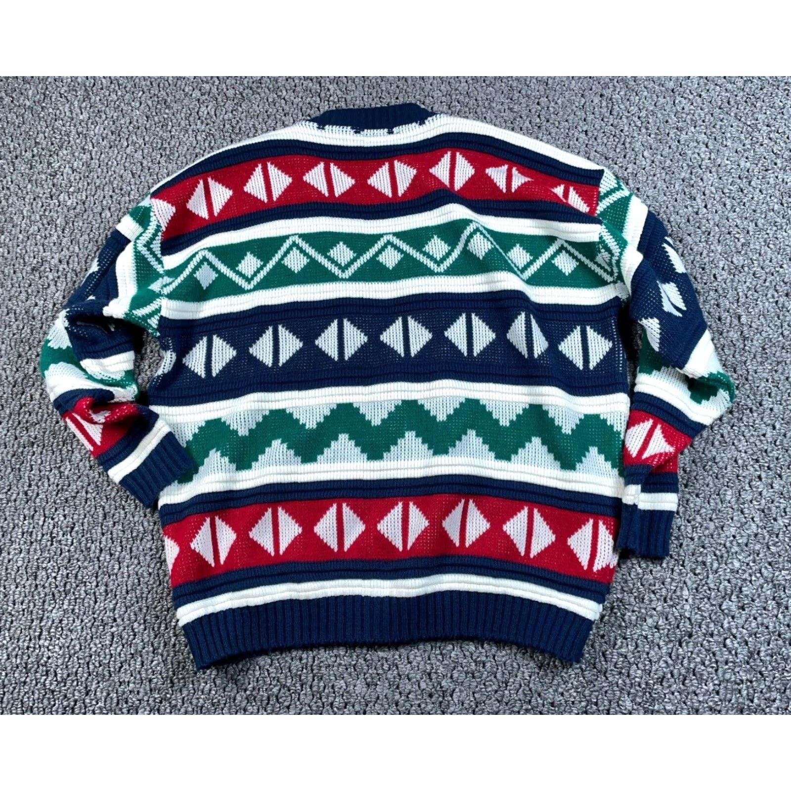 All Blues VINTAGE Cabin Creek Geometric Cardigan Sweater Women's XL Tall Blue Red Chunky Knit Preppy Size XL / US 12-14 / IT 48-50 - 2 Thumbnail