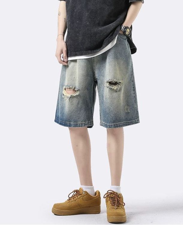 Japanese Brand Men's street distressed straight ripped denim shorts Size US 32 / EU 48 - 2 Thumbnail