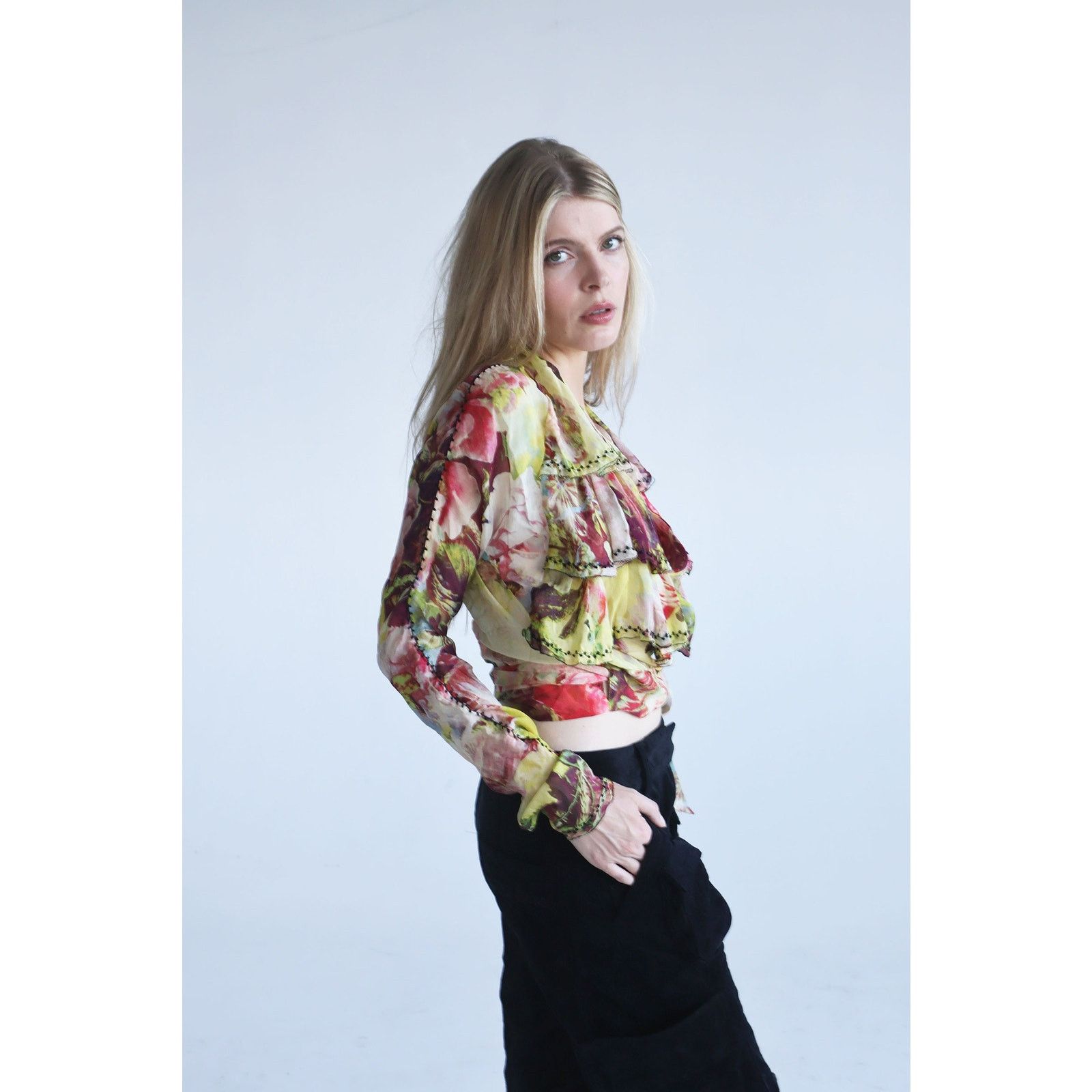 Jean Paul Gaultier Vintage Jean Paul Gaultier Floral Print Silk Ruffle Wrap Top Size M / US 6-8 / IT 42-44 - 6 Thumbnail