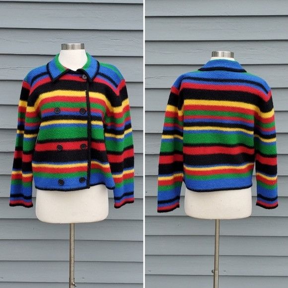 image of Talbots Vintage 90's Primary Rainbow Striped Cardigan Coat, Women's (Size Small)