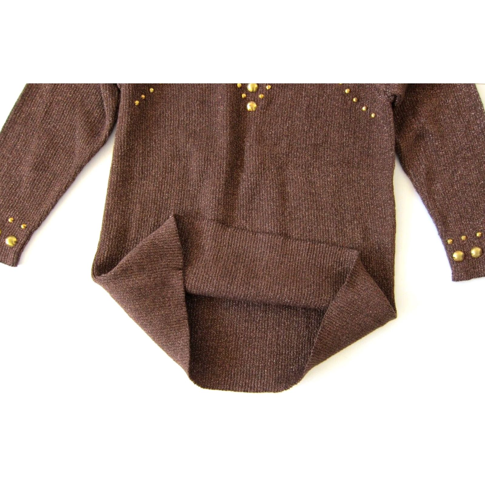 Vintage Objects D'art NWT Brown Metallic Gold Studded 3/4 Sleeve Sweater Large Women Shirt Pullover Round Neck 60% cotton 40% metallic Size L / US 10 / IT 46 - 6 Thumbnail