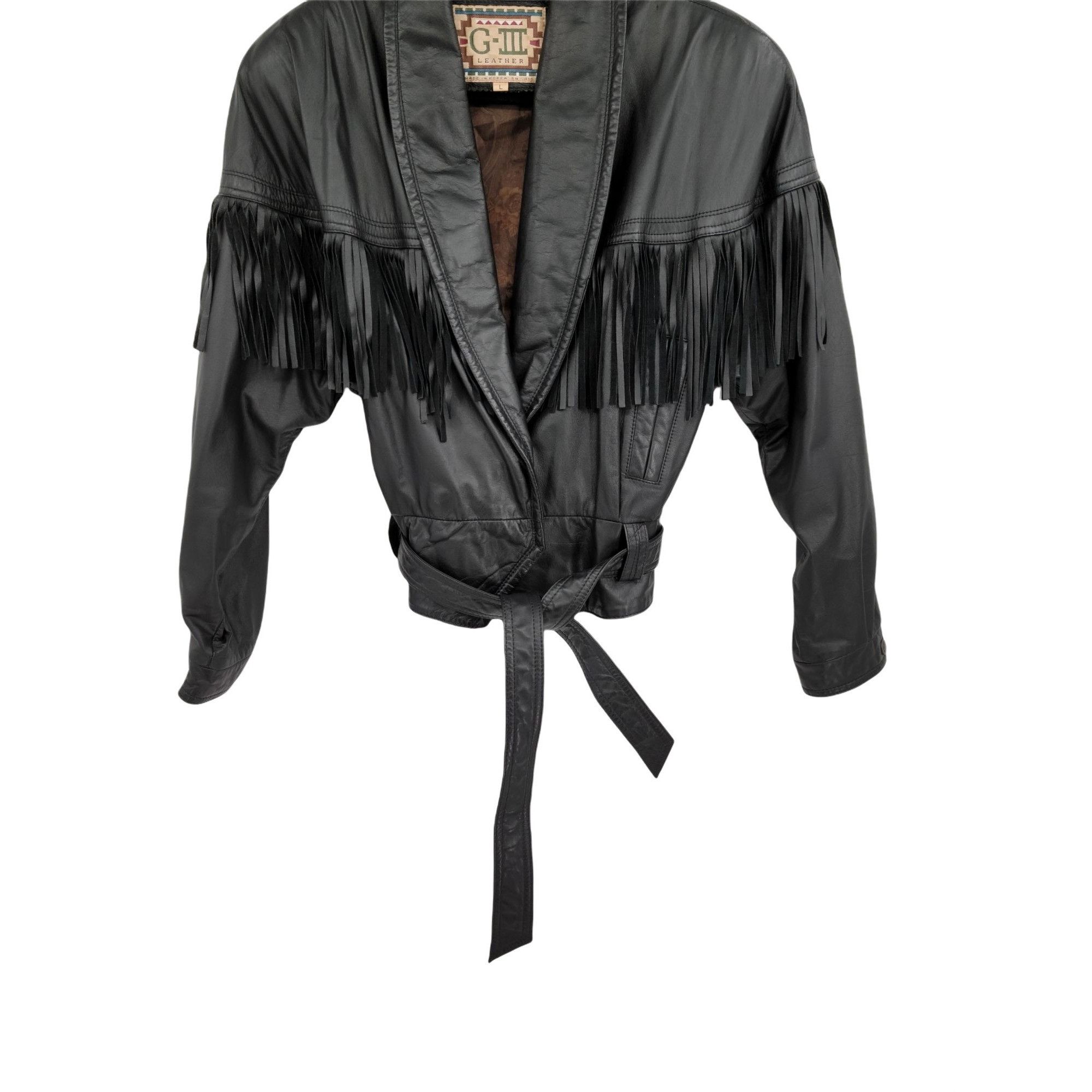 Vintage Vtg 80s G-III Black Fringed Leather Belted Bomber Jacket Sz Size L / US 10 / IT 46 - 5 Thumbnail