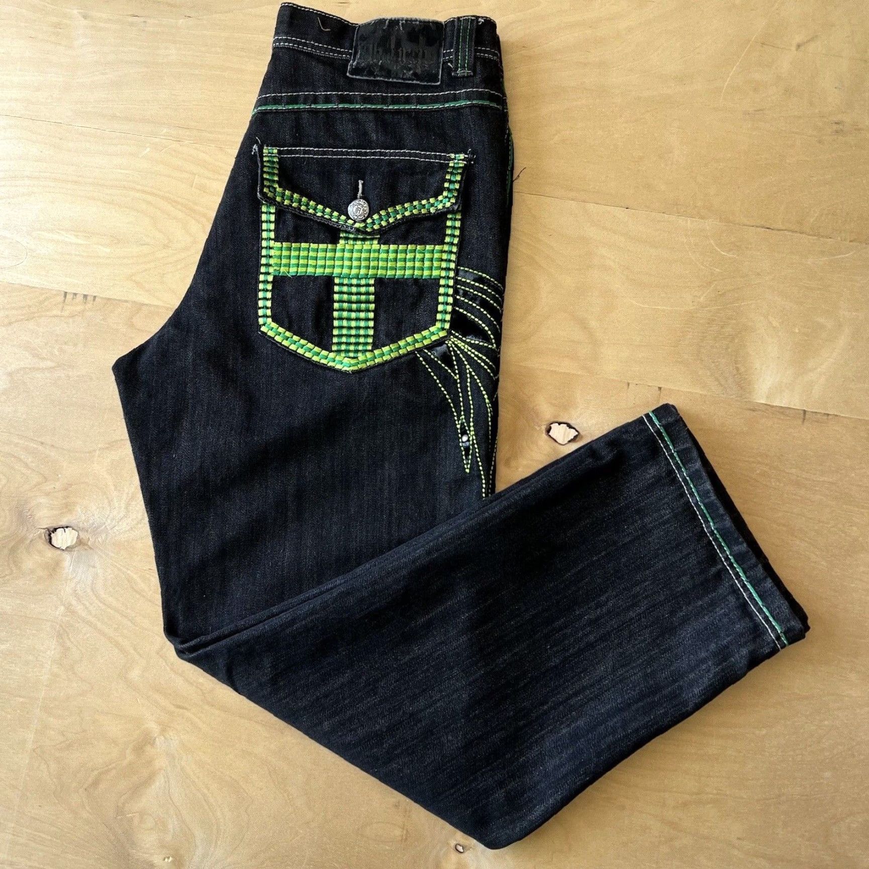 Denime VINTAGE Levi's Silvertab Jeans 33 Black Green Baggy Denim Grunge Skater 90s Mens Leather Patch 5-Pocket USA Western Size US 33 - 8 Thumbnail