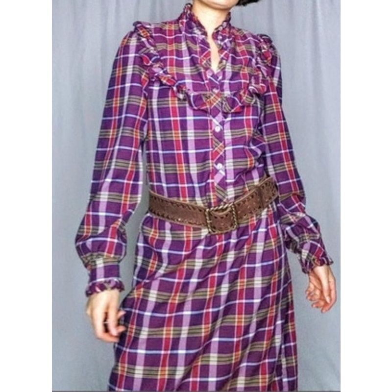 Vintage Vintage 70s Purple Plaid Prairie Long Sleeve Midi Dress Med Size M / US 6-8 / IT 42-44 - 3 Thumbnail