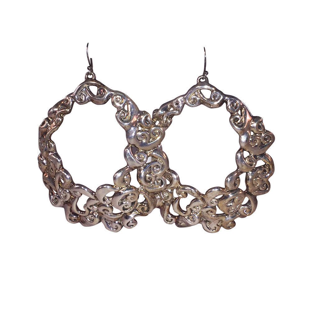 Sterling Silver Israeli Sterling Lost Wax Ornate Scrollwork Hoop Earrings Size ONE SIZE - 2 Thumbnail