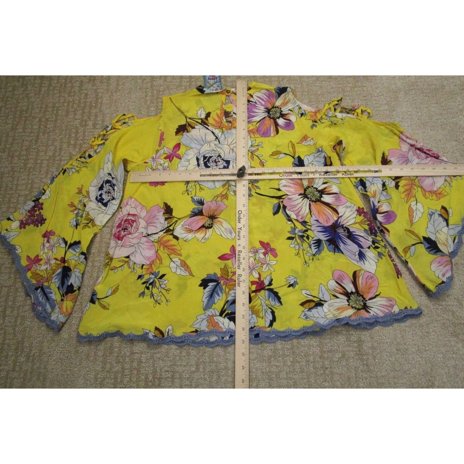 Johnny Was Johnny Was Shirt Women XS Yellow Floral Silk Blouse Bell Sleeve Bohemian, Designer, Flower, Colorful, Tunic, Casual, Travel, Party/Cocktail Women XS Size XS / US 0-2 / IT 36-38 - 4 Thumbnail