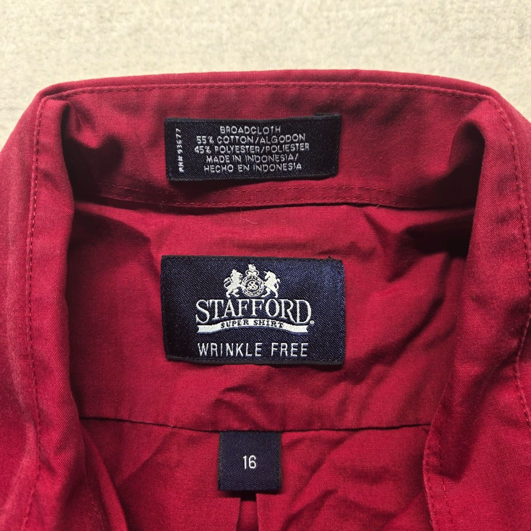 Stafford Stafford Dress Shirt Red Solid Long Sleeve Button Up 16 Mens Wrinkle Resistant Cotton Blend Shirt Size 42R - 3 Thumbnail