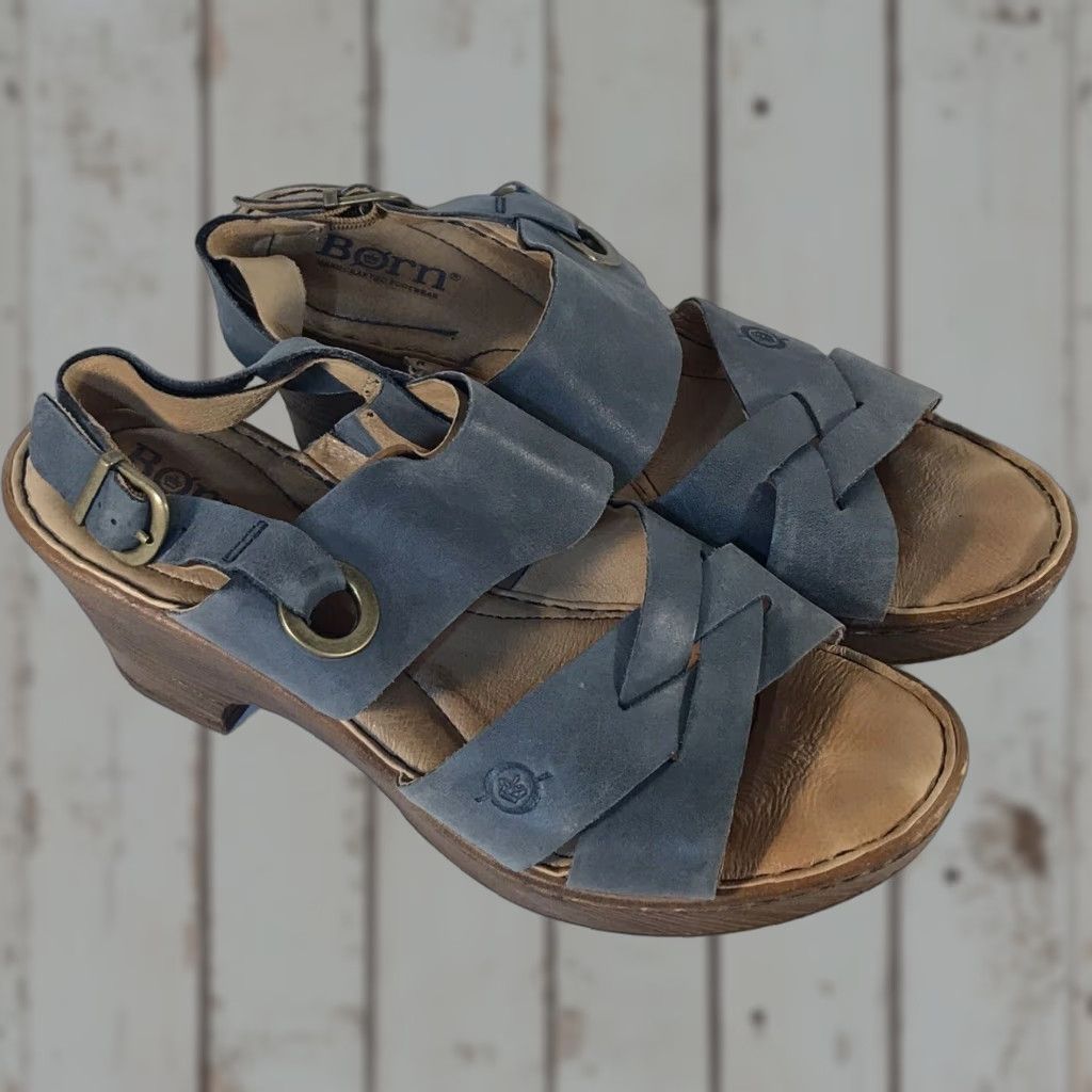 Born Born Blue Suede Wedge Slides Women's Size 8M Buckle Adjustable Comfort Summer Casual Size US 8 / IT 38 - 1 Thumbnail