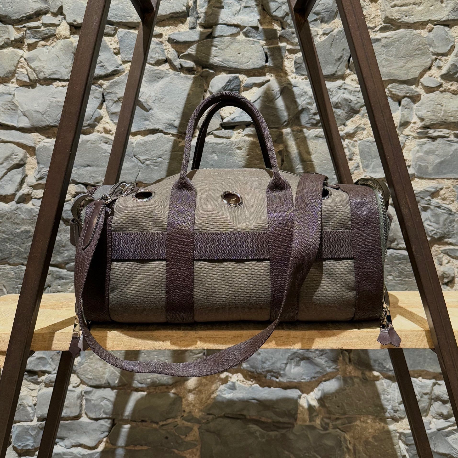Hermes Hermès Green Brown Canvas 2way Dog Carrier Boston Bag Size ONE SIZE - 1 Thumbnail