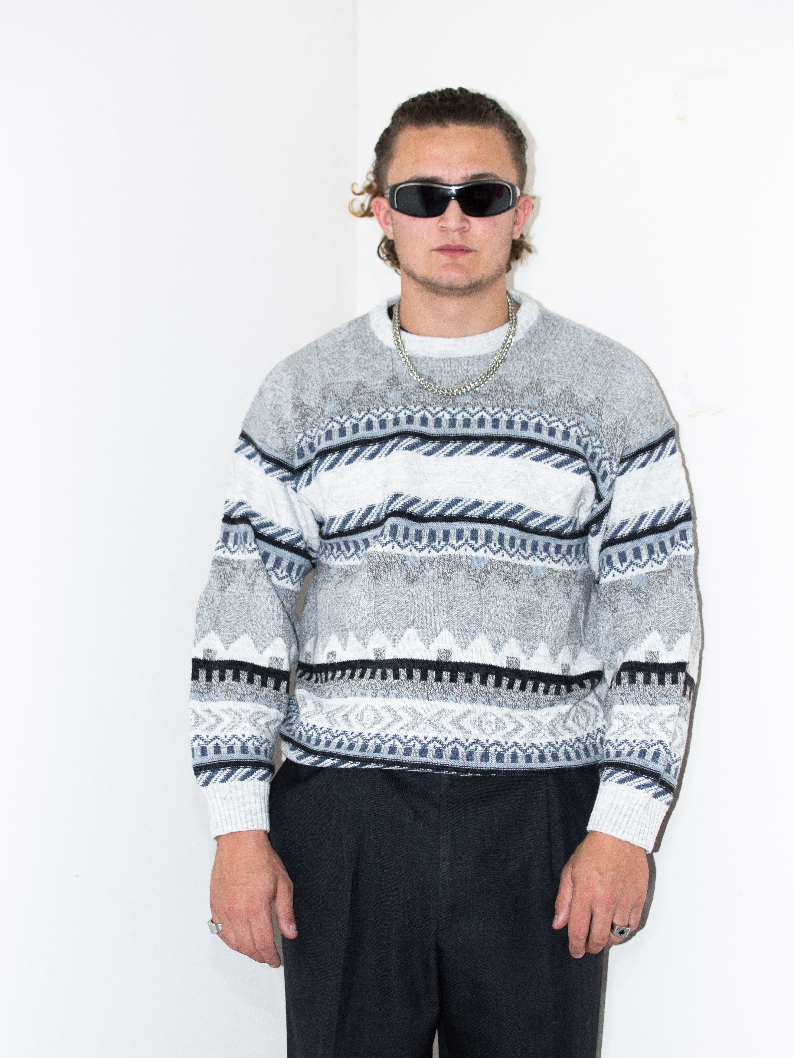 Designer × Vintage 90s Vintage Winter Geometric Pattern Crew Neck Sweater Size US L / EU 52-54 / 3 - 4 Thumbnail