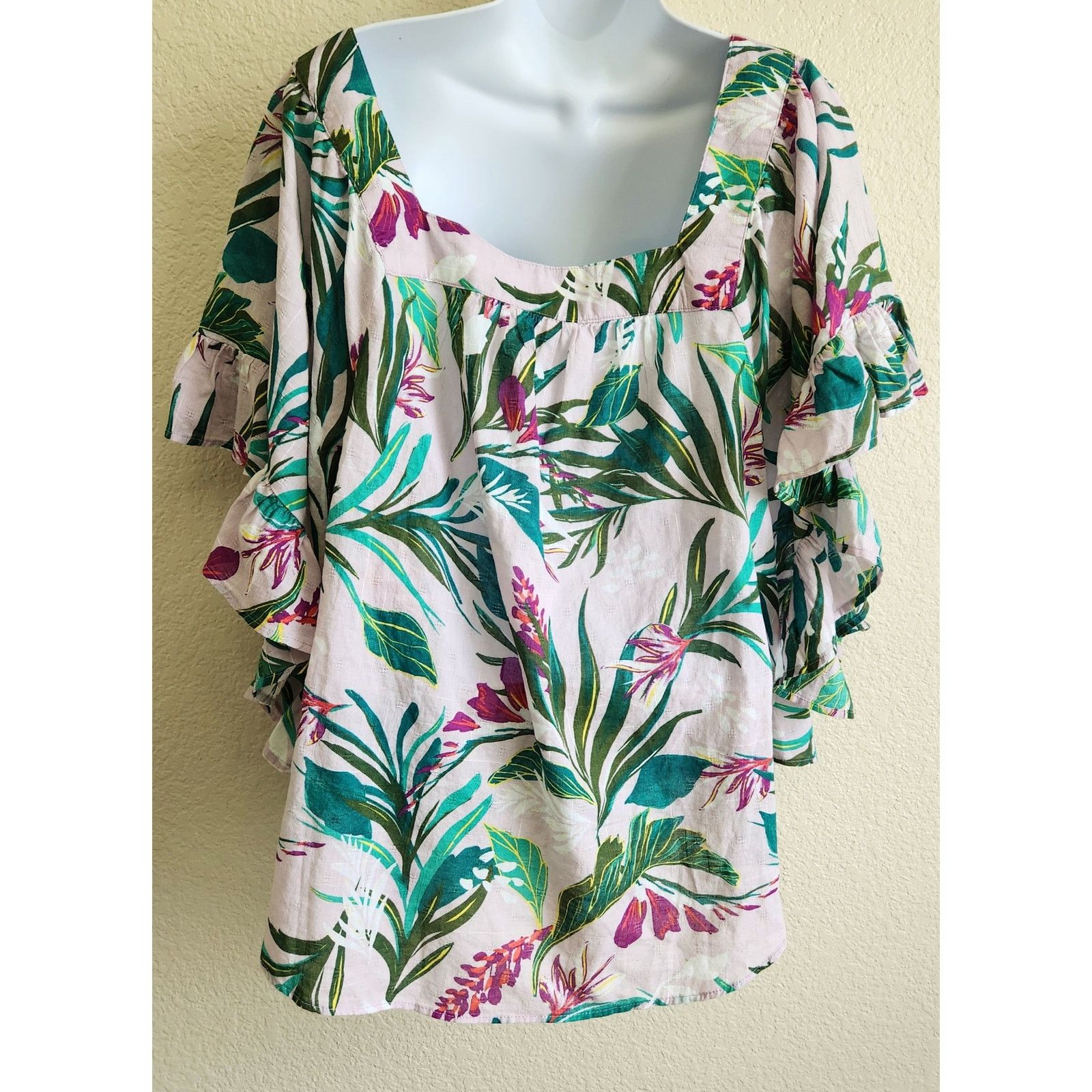 Other Terra & Sky Purple Green Floral Ruffled Sleeve Top 2X NWT Size XXL / US 16-18 / IT 52-54 - 4 Thumbnail